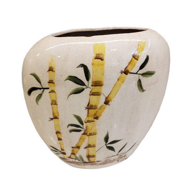 Vintage Hand Painted Bamboo Vase Signed 1984 Rare Vintage Vase Clay Pottery - Picture 3 of 15